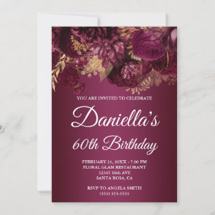 Invitation Burgundy Gold Glam Floral 60e anniversaire