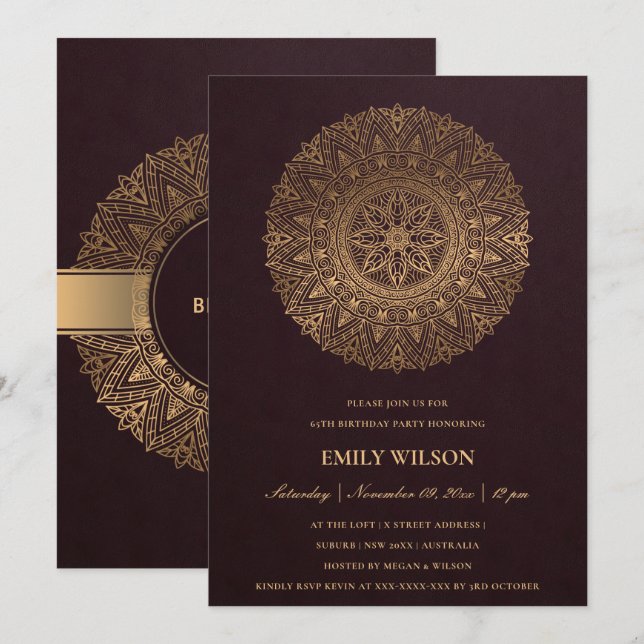 INVITATION BURGUNDY GOLD MANDALA TOUTE ANNÉE 65E ANNIVERSAIRE (Devant / Derrière)