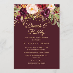 Invitation Burgundy Gold Pailleté Floral Brunch Et Champagne