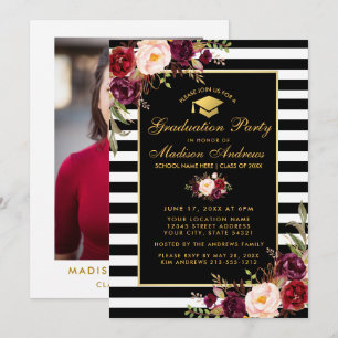 Invitation Burgundy Gold Striped Graduped Party Photo Retour