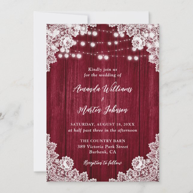 Invitation Burgundy Grange dentelle en bois Mariage (Devant)