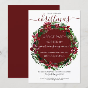 Invitation Burgundy Green Floral Wreath Entreprise Noël