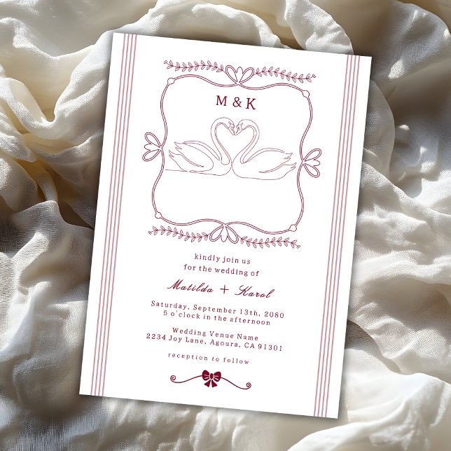 Invitation Burgundy Hand Drawn Swan Stripes Monogram Wedding (Créateur téléchargé)