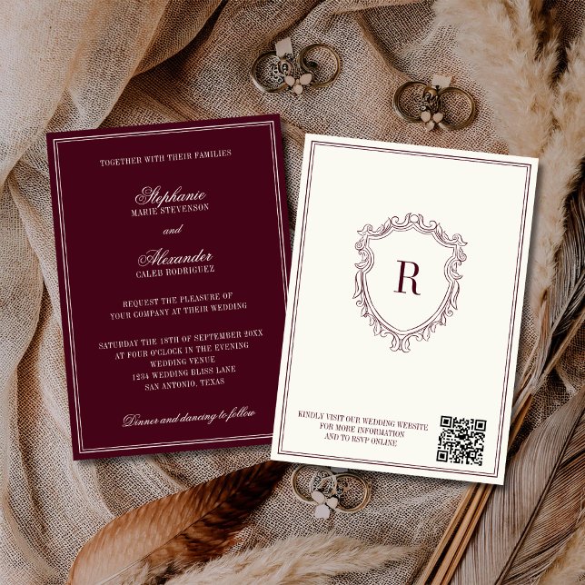 Invitation Burgundy & Ivory Crest Old Money QR Code Wedding (Créateur téléchargé)