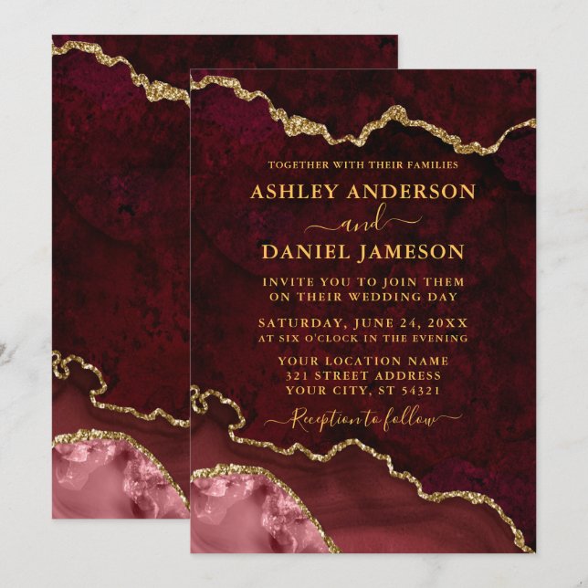 Invitation Burgundy Marble Agate Géode Mariage Or (Devant / Derrière)
