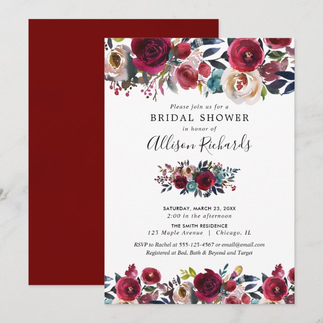 Invitation burgundy marine automne aquarelle fleurie nuptiale (Devant / Derrière)