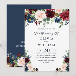 Invitation Burgundy Marine Bleu Aquarelle Bleu Mariage Floral