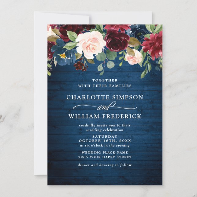Invitation Burgundy Marine Bleu Aquarelle Bleu Mariage Floral (Devant)