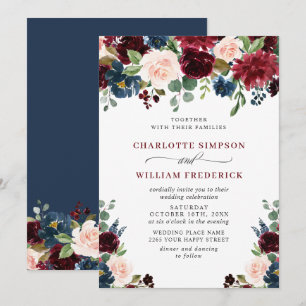 Invitation Burgundy Marine Bleu Aquarelle Bleu Mariage Floral
