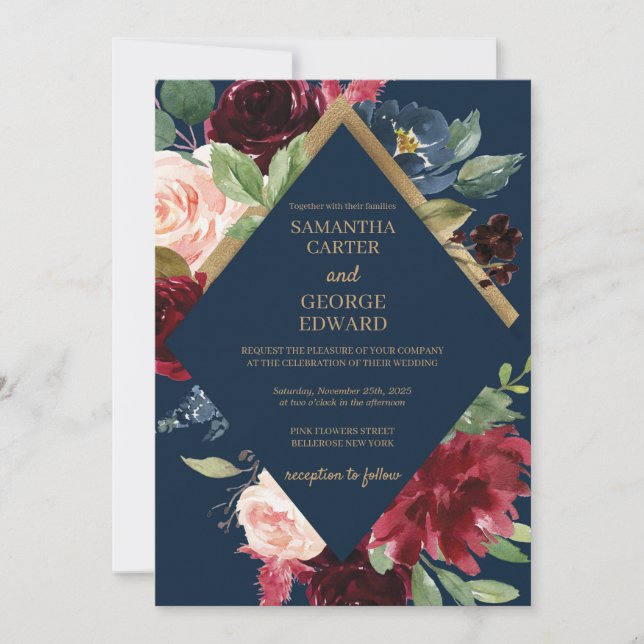 Invitation Burgundy marine et feuille d'or boho mariage d'hiv (Devant)
