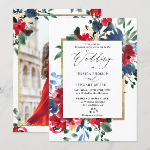 Invitation Burgundy marine floral or script photo mariage