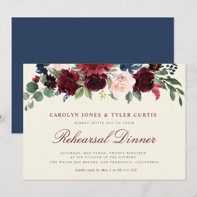 Invitation burgundy marine florale Répétition Dîner invitatio (Devant / Derrière)