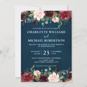 Invitation Burgundy Marine Rouge Bleu Floral Russe Boho