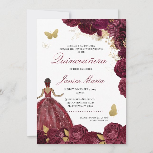 Invitation Burgundy Maron Or Floral Butterfly Quinceañera (Devant)