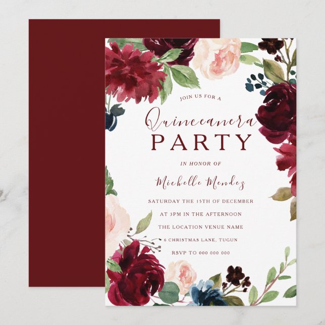 Invitation Burgundy Maron Rouge Floral Quinceanera Party (Devant / Derrière)
