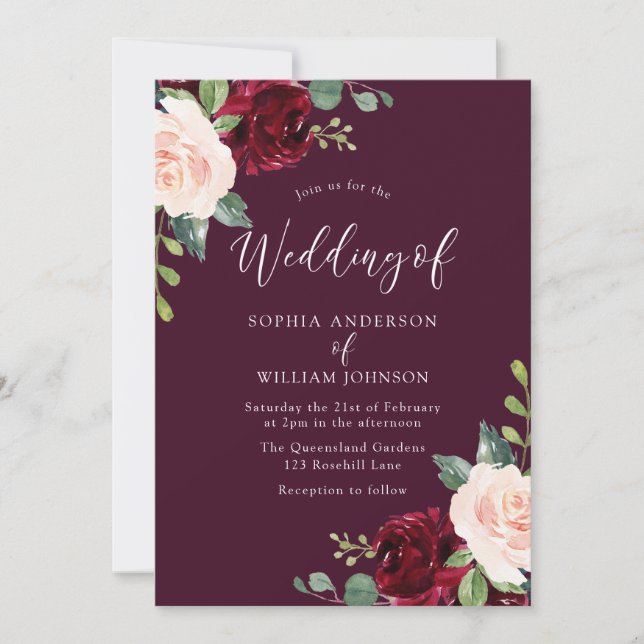 Invitation Burgundy Maroon Blush Aquarelle Mariage Floral (Devant)