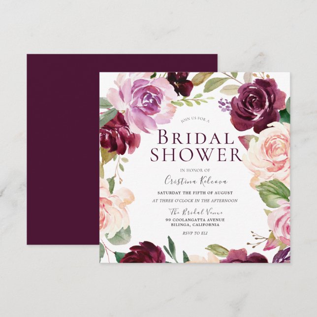 Invitation Burgundy Maroon Blush Floral Wreath Fête des marié (Devant / Derrière)