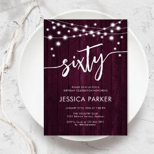 Invitation Burgundy Maroon Rustic Wood 60e fête d'anniversair