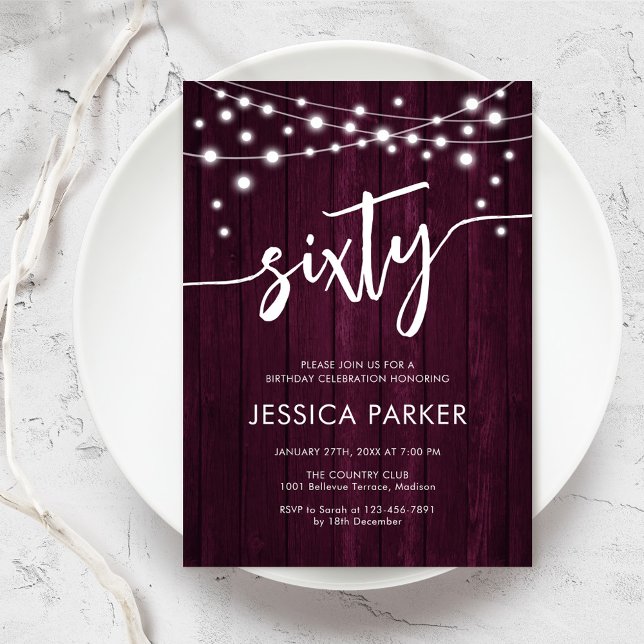 Invitation Burgundy Maroon Rustic Wood 60e fête d'anniversair (Créateur téléchargé)