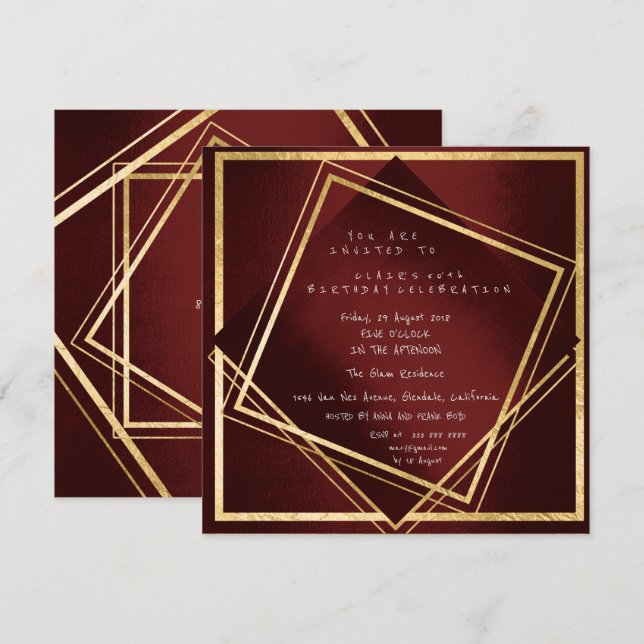Invitation Burgundy Marron Géométrie Carré Doré Anniversaire (Devant / Derrière)