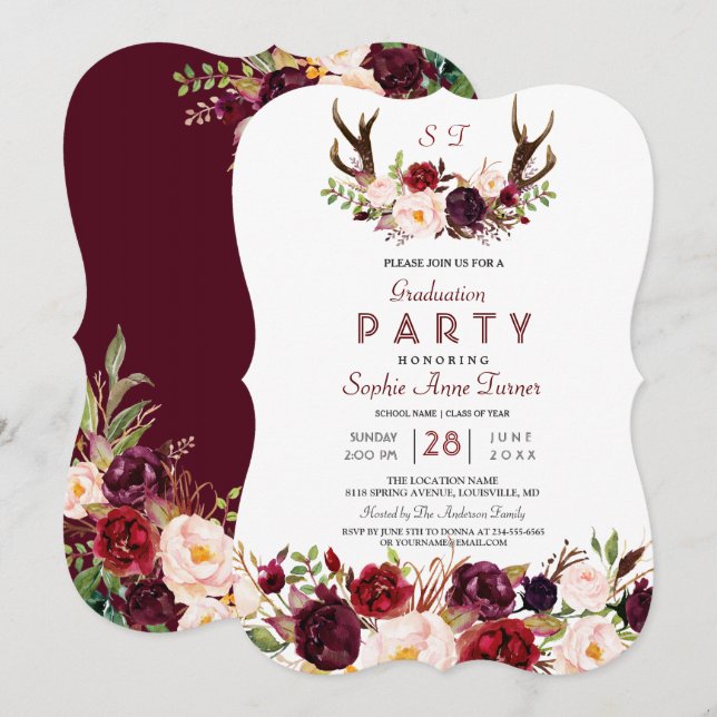 Invitation Burgundy Marsala Floral Antlers Graduation Party (Devant / Derrière)