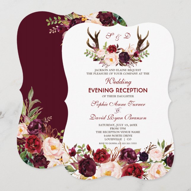 Invitation Burgundy Marsala Floral Antlers Soirée Mariage (Devant / Derrière)