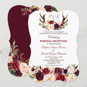 Invitation Burgundy Marsala Floral Antlers Soirée Mariage