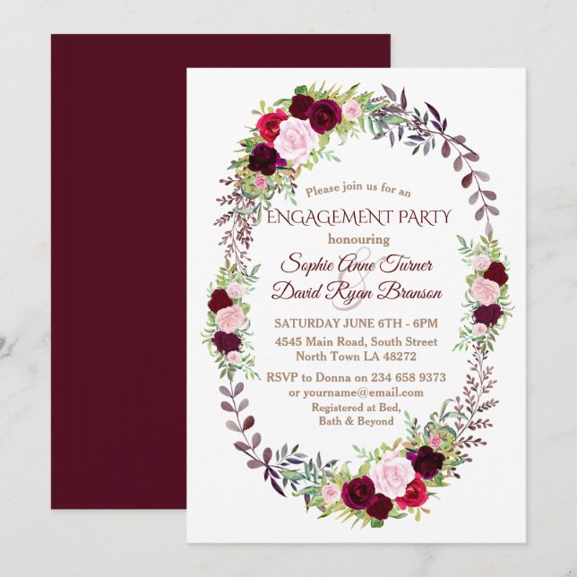 Invitation Burgundy Marsala Floral Wreath (Devant / Derrière)