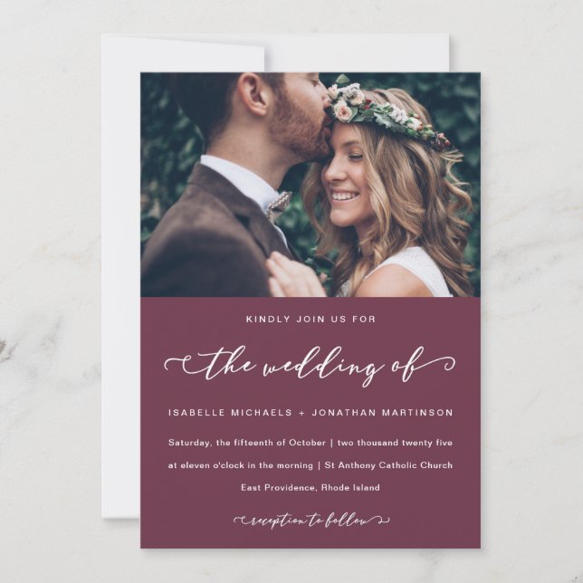 Invitation Burgundy Marsala Mariage Calligraphie et photo (Devant)