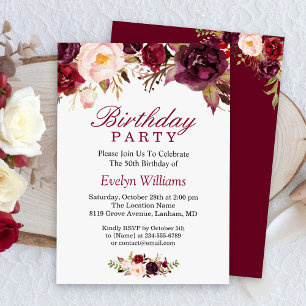 Invitation Burgundy Marsala Rouge Floral fête d'anniversaire