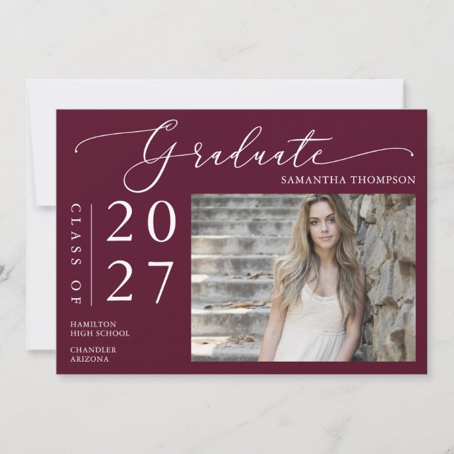 Invitation Burgundy Minimalist Script School Graduate Photo (Devant)