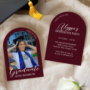 Invitation Burgundy Modern Arch Photo Graduation Party
