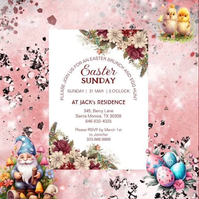 Invitation Burgundy molle Russe Rose Floral Pâques dimanche (Soft Burgundy Rustic Roses Floral Easter Sunday Invitation)