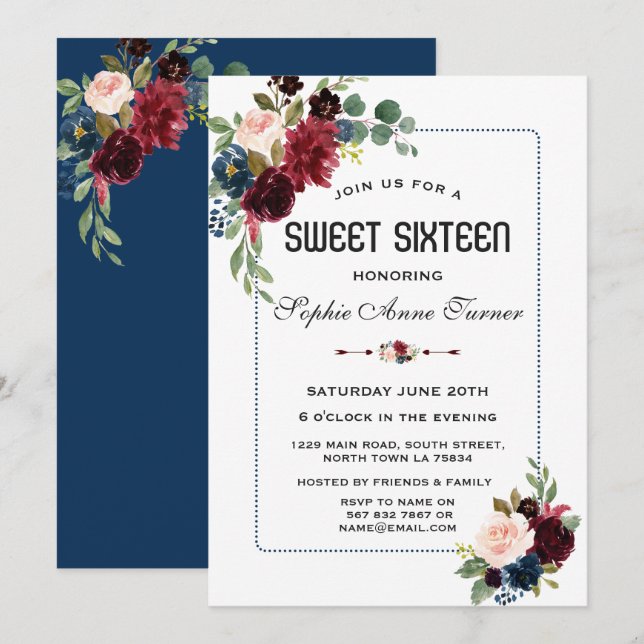 Invitation Burgundy Navy Bleu Floral Cadre pointillé Sweet 16 (Devant / Derrière)