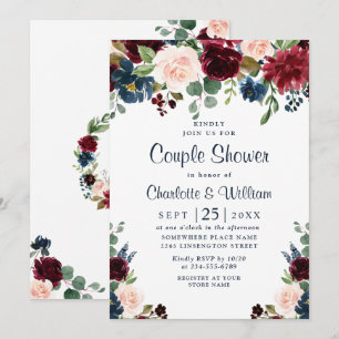Invitation Burgundy Navy Blue Blush Fleurs COUPLE DOUCHE