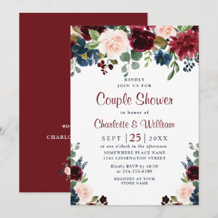 Invitation Burgundy Navy Blue Blush Fleurs COUPLE DOUCHE