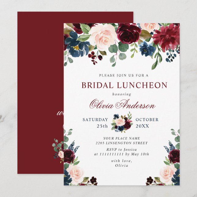 Invitation Burgundy Navy Blue Blush Flowers BRIDAL LUNCHEON (Devant / Derrière)