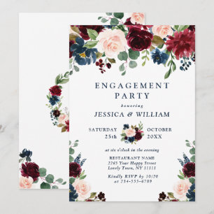 Invitation Burgundy Navy Blue Blush Flowers ENGAGEMENT PARTY