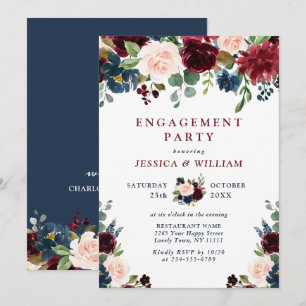 Invitation Burgundy Navy Blue Blush Flowers ENGAGEMENT PARTY