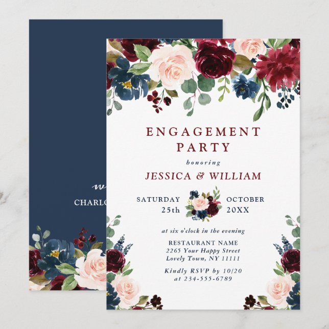 Invitation Burgundy Navy Blue Blush Flowers ENGAGEMENT PARTY (Devant / Derrière)