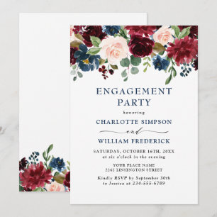 Invitation Burgundy Navy Blue Blush Flowers ENGAGEMENT PARTY