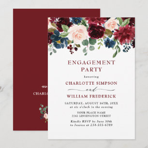 Invitation Burgundy Navy Blue Blush Flowers ENGAGEMENT PARTY