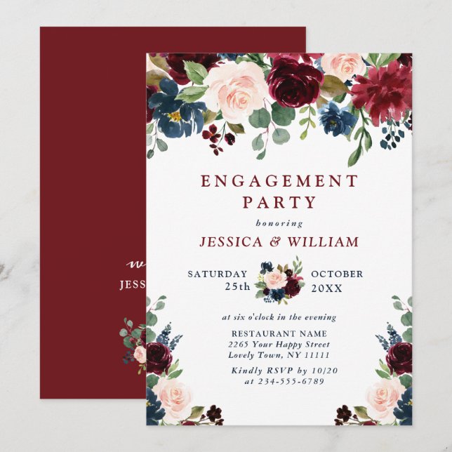 Invitation Burgundy Navy Blue Blush Flowers ENGAGEMENT PARTY (Devant / Derrière)