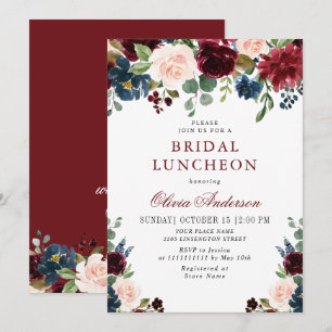 Invitation Burgundy Navy Blue Blush Flowers FÊTE DES MARIÉES