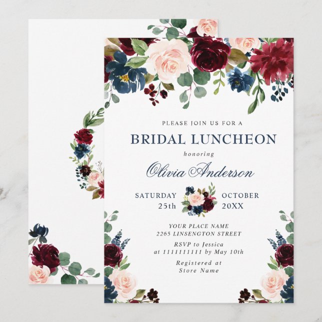 Invitation Burgundy Navy Blue Blush Flowers FÊTE DES MARIÉES (Devant / Derrière)