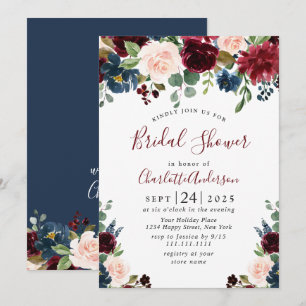 Invitation Burgundy Navy Blue Blush Flowers FÊTE DES MARIÉES
