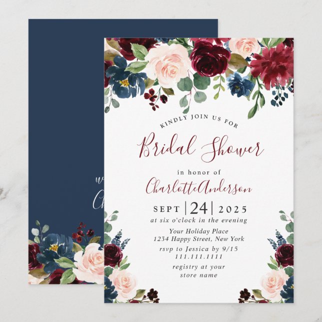 Invitation Burgundy Navy Blue Blush Flowers FÊTE DES MARIÉES (Devant / Derrière)