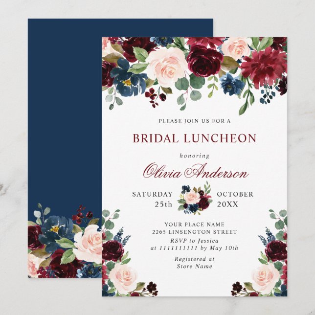 Invitation Burgundy Navy Blue Blush Flowers FÊTE DES MARIÉES (Devant / Derrière)