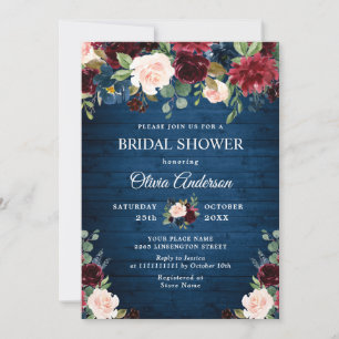 Invitation Burgundy Navy Blue Blush Flowers FÊTE DES MARIÉES
