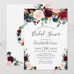 Invitation Burgundy Navy Blue Blush Flowers FÊTE DES MARIÉES